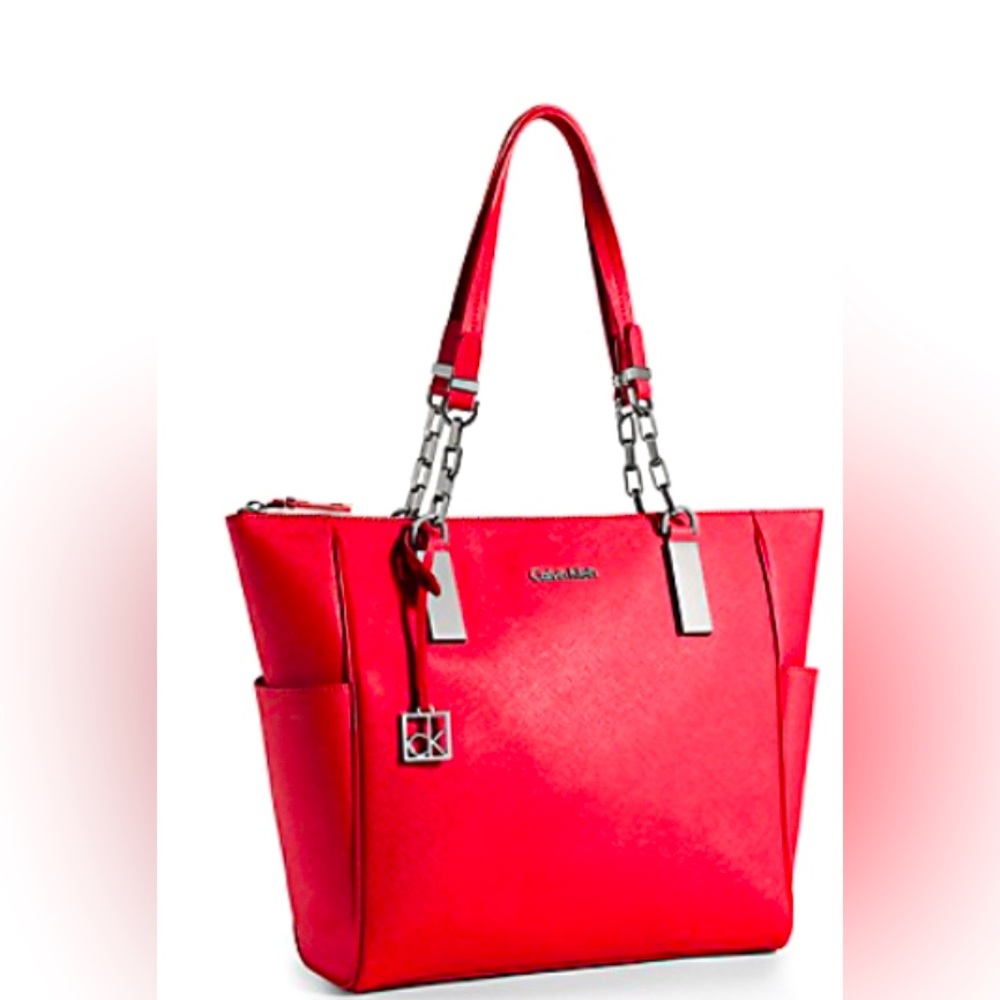 🥰 Calvin Klein Scarlett Chain Handle Leather Shopper NWT Color Cherise 🥰